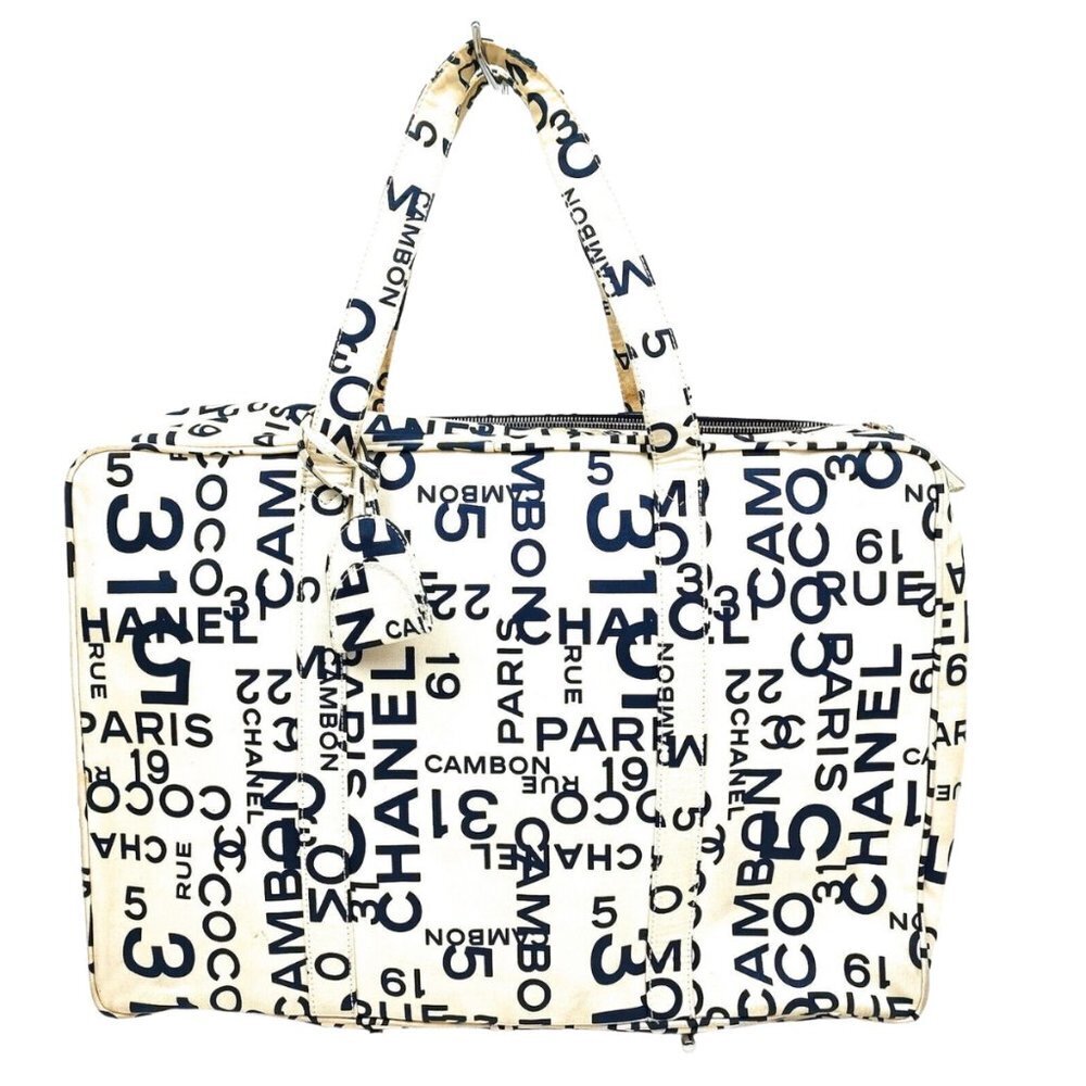 Authentic CHANEL Rue Cambon Travel Bag Vintage White & Navy Canvas